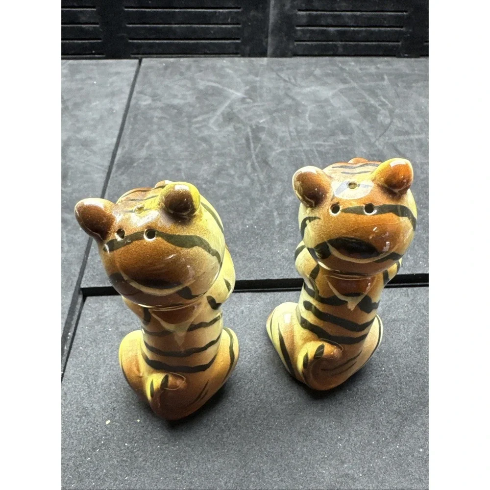 Vintage Salt and Pepper Shakers - Yellow Striped Tigers. One Has‎ A Small Chip